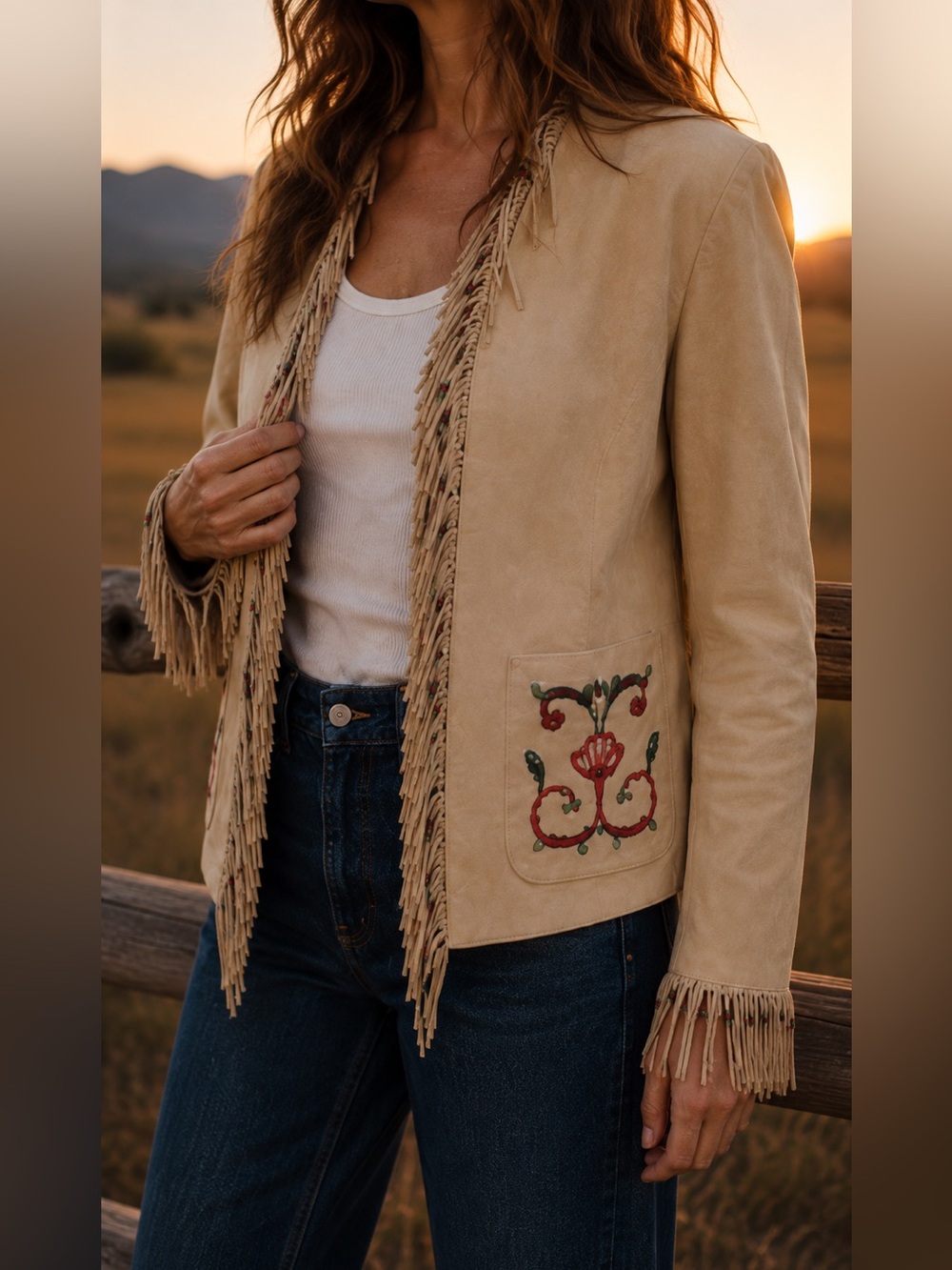 Double D Ranch Vintage Beaded Fringe Suede Leather Western Jacket S